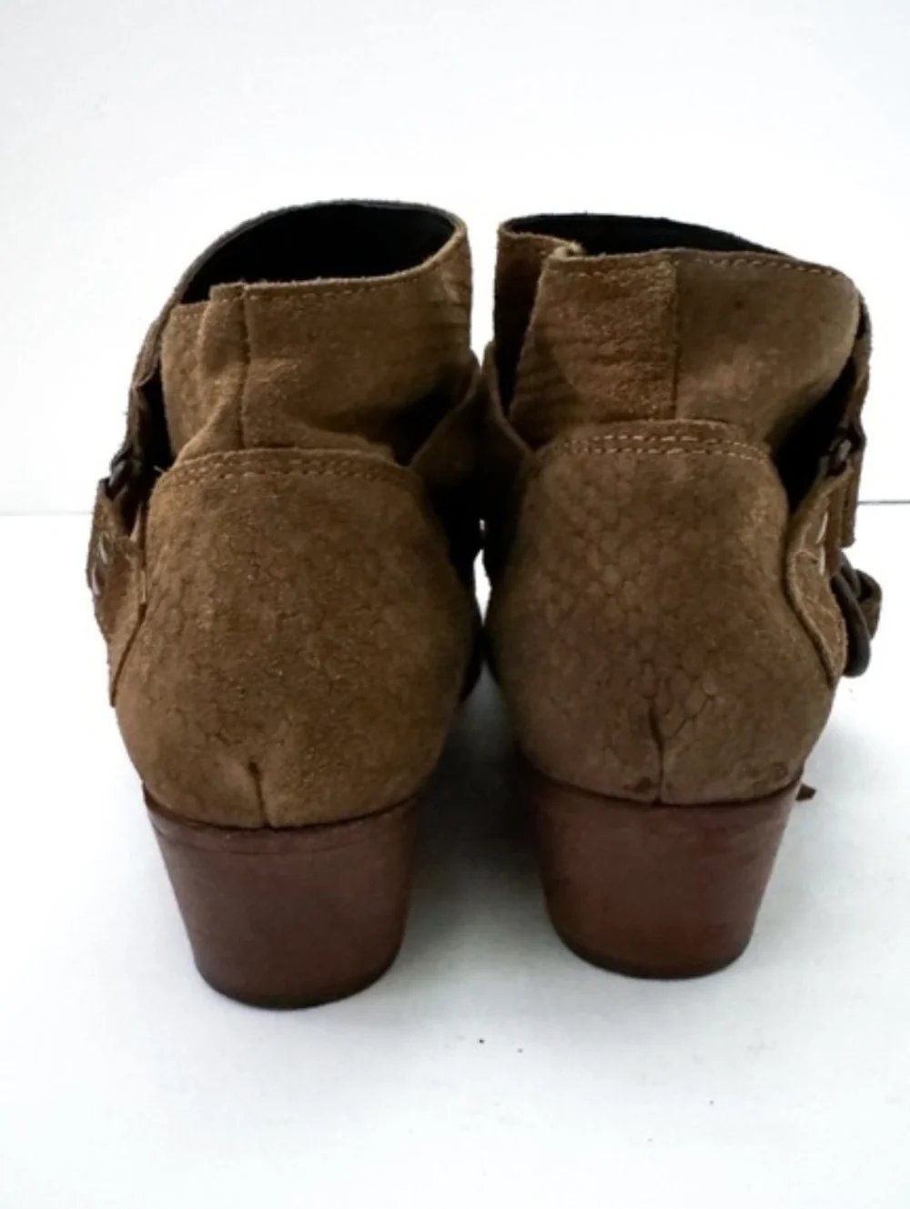 Free People Tan/ Chestnut Belted Suede Leather Ankle Boots Booties Size 39/8.5